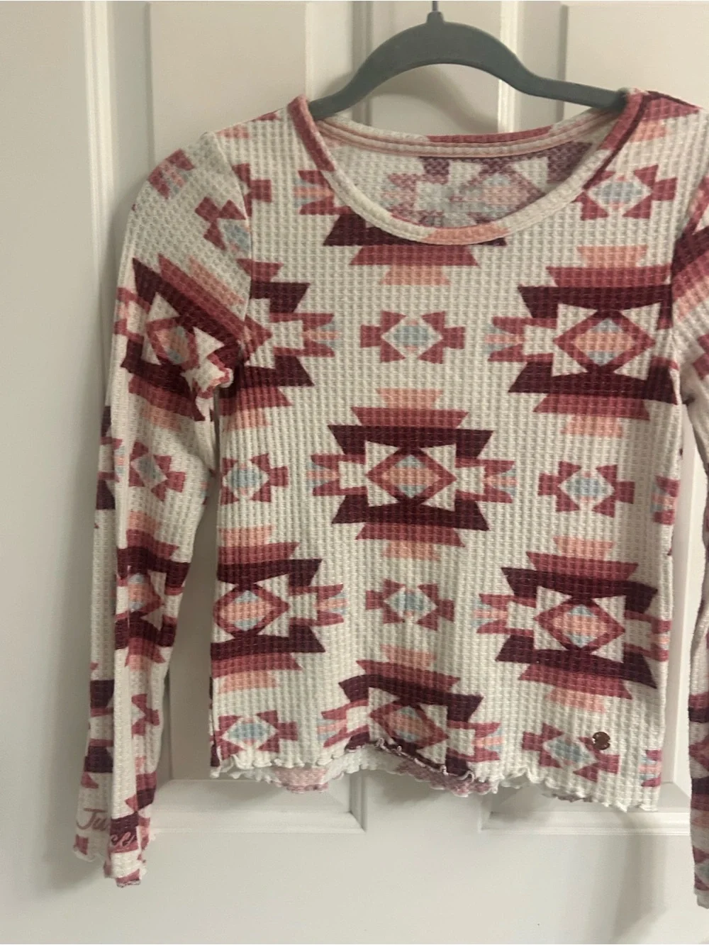Girls Justice Cream and Burgundy Aztec Waffle-Knit Long Sleeve Top